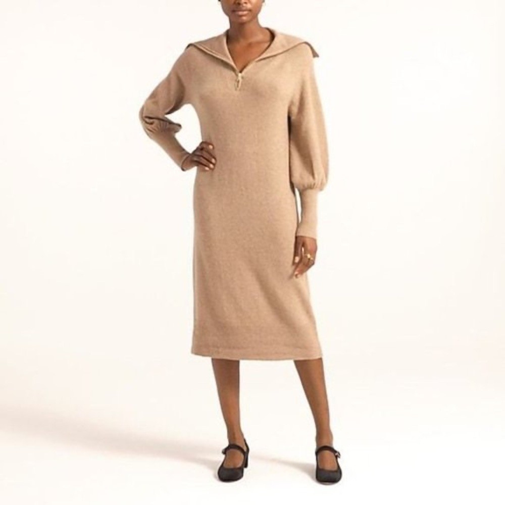 J. Crew Half-zip Sweater-Dress In Supersoft Yarn- Tan- Women's Size Small -Wool